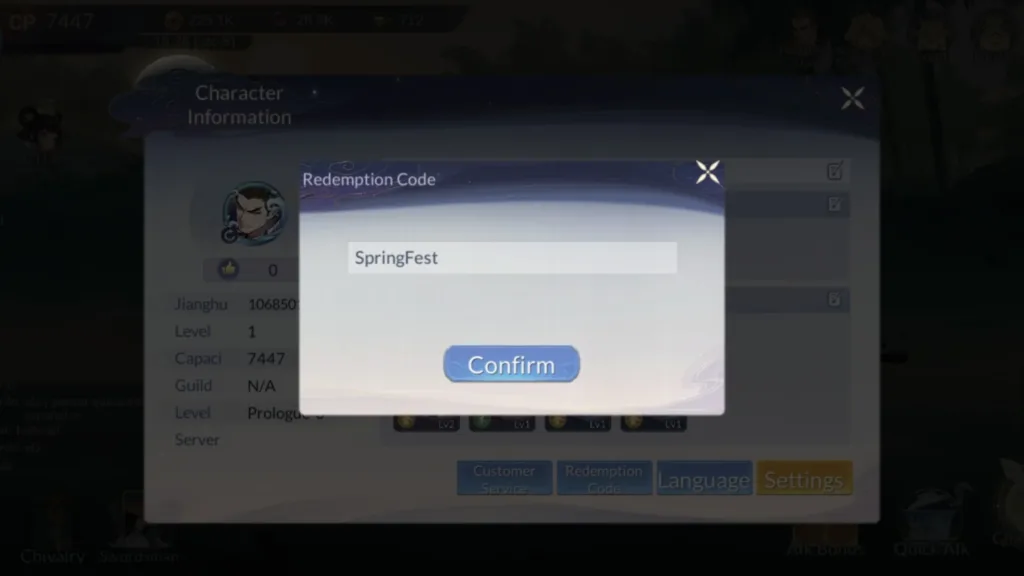 redeem code interface in beyond warrior with SpringFest code