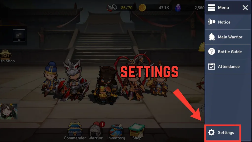 setting option in side menu of the game