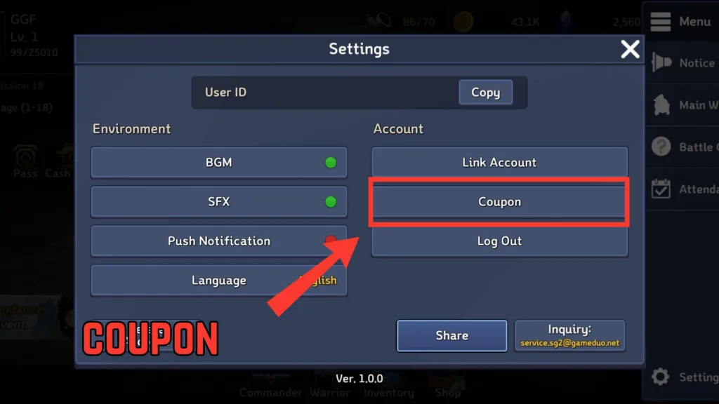 coupon option in game settings