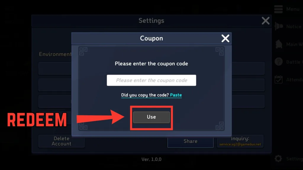 Three Kingdoms Tempest codes interface for coupon redemption