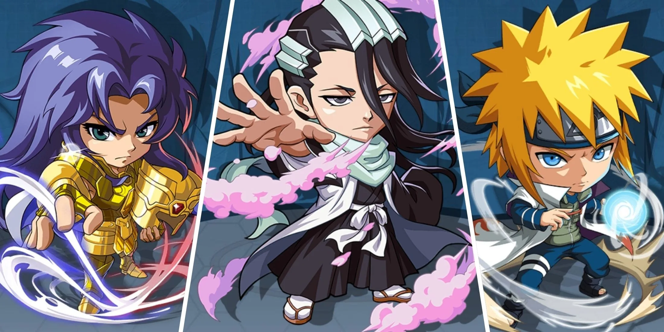 a collage of characters including Kuchiki Byakuya, Minato and Saga.