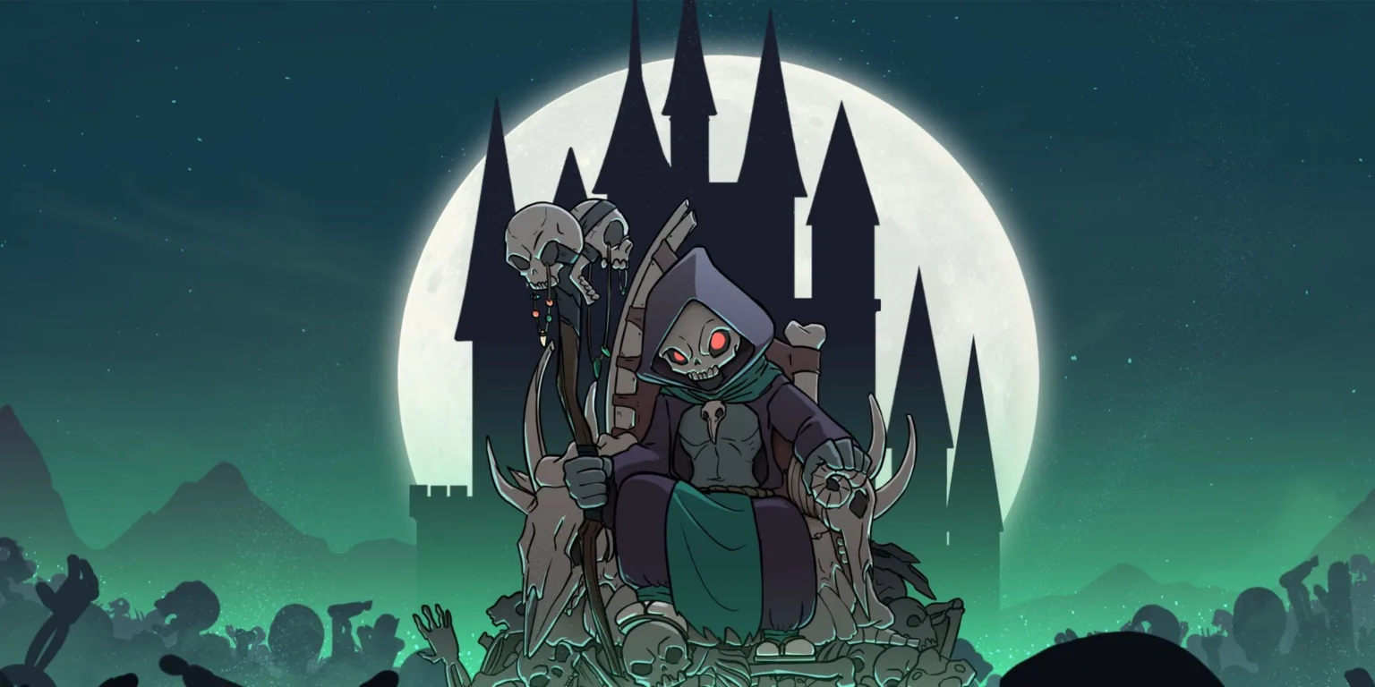 The necromancer skeleton sitting on a throne in Throne of Bone